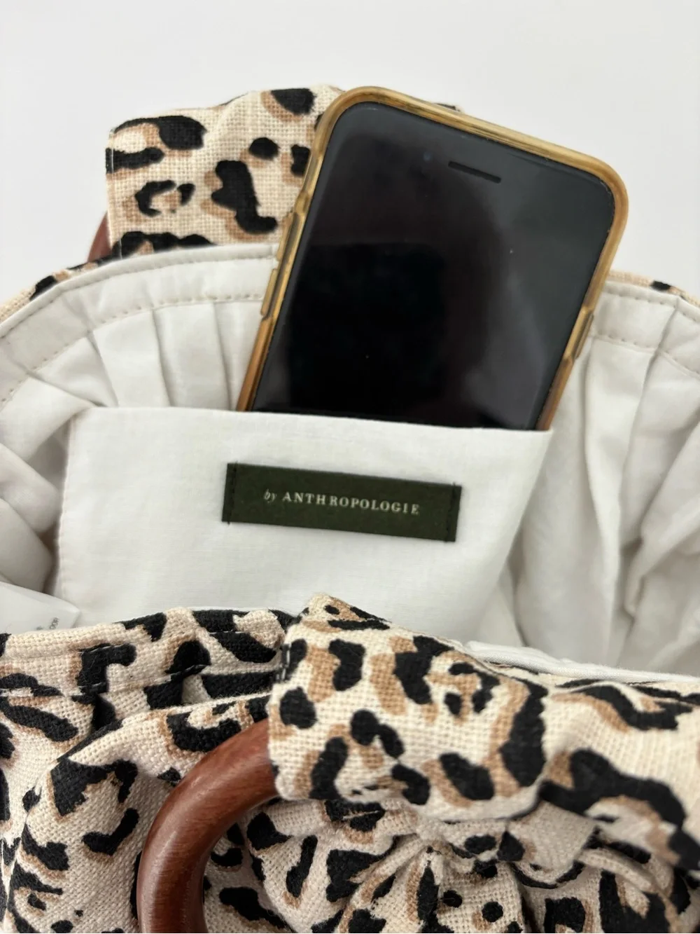 Anthropologie Pippa Bow-Tied Bag NWT Leopard Print Round Wooden Handles